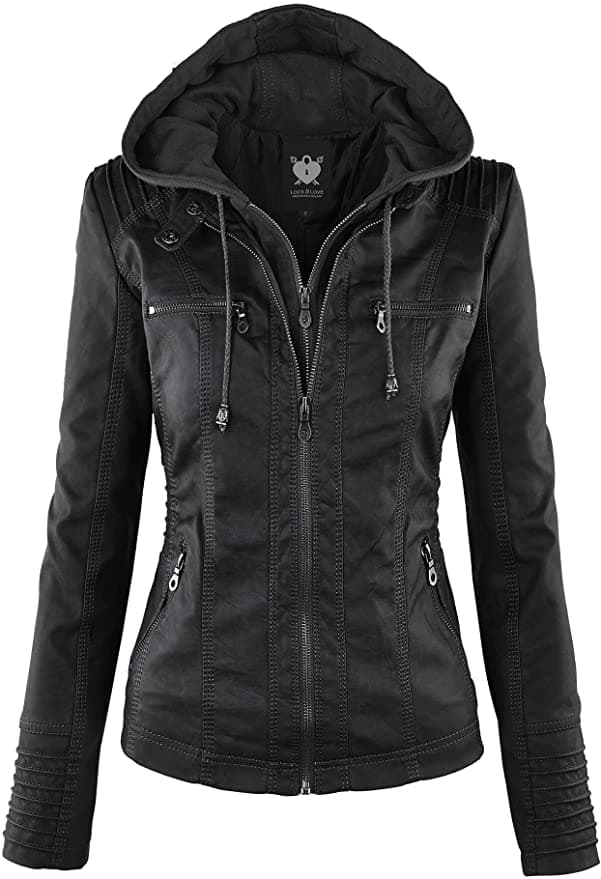 Lock and Love Women's Removable Hooded Faux Leather Moto Biker Jacket image